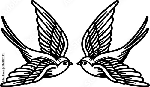 Pair of stylized swallows facing each other black and white illustration of two symmetrical flying birds, vintage tattoo motif