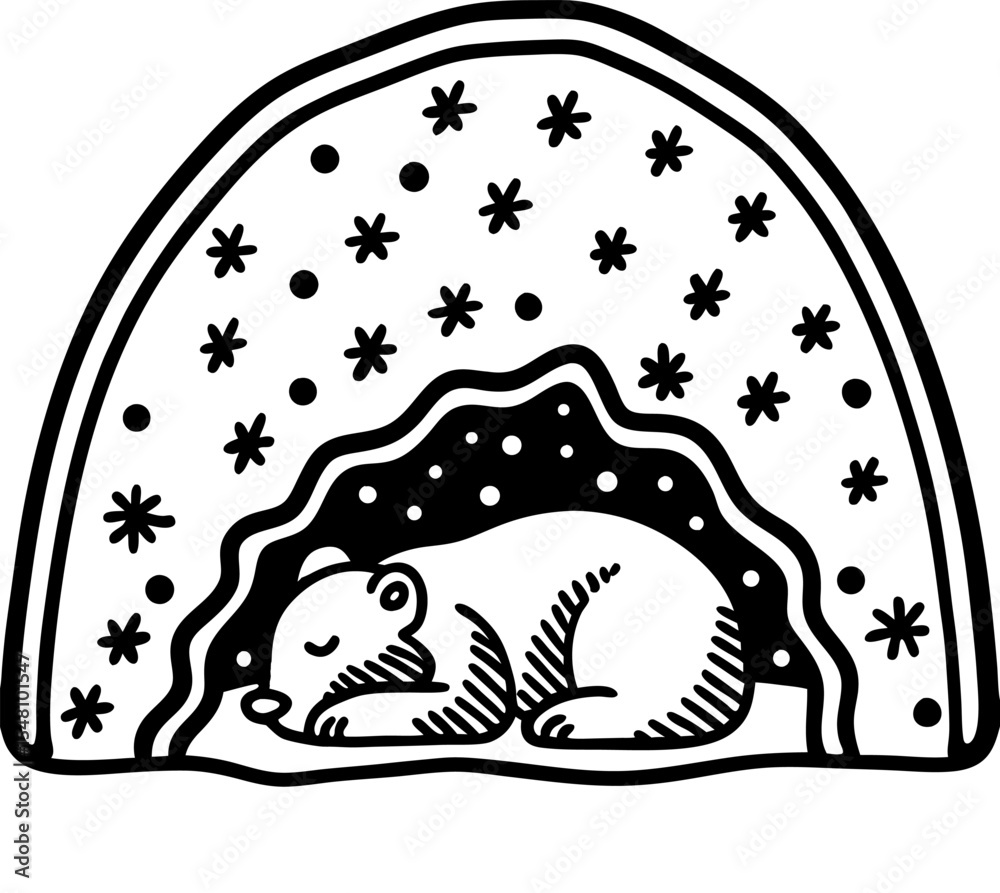 Fototapeta premium Sleeping bear in winter cave, isolated illustration hibernation, animal and snowflake pattern, cozy den