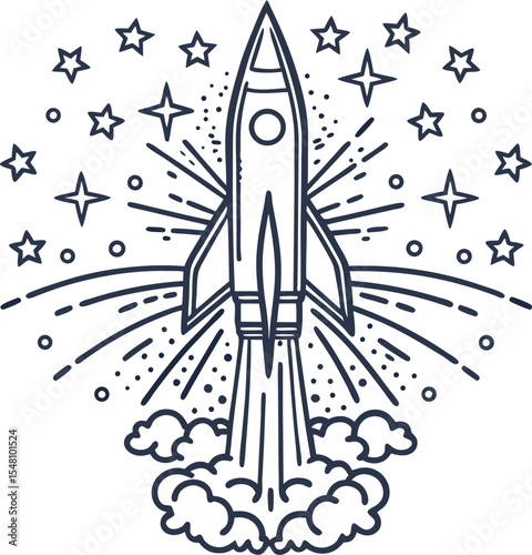 Rocket launching into space with stars, smoke, and abstract line art futuristic exploration and innovation concept