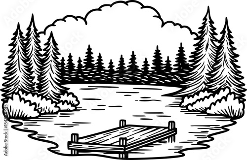 Forest lake with wooden pier tranquil water, pine trees and natural landscape hand drawn sketch illustration