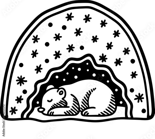 Sleeping bear in winter cave, isolated illustration hibernation, animal and snowflake pattern, cozy den
