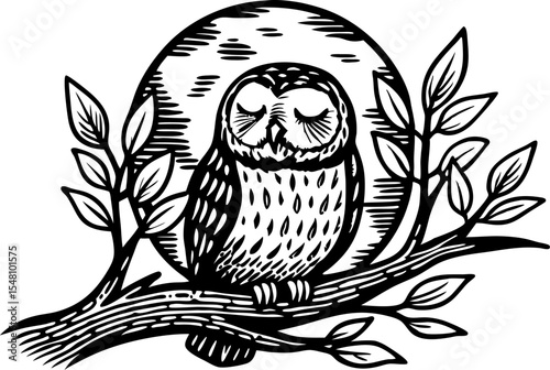Sleeping owl resting on tree branch under full moon hand drawn illustration, peaceful night wildlife, nature tattoo concept