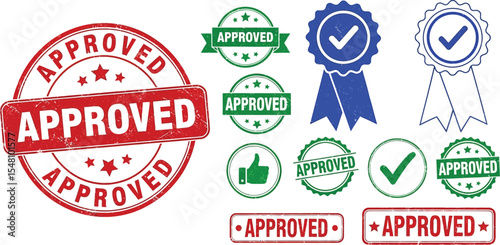 A collection of various approved stamps and seals in different designs and colors