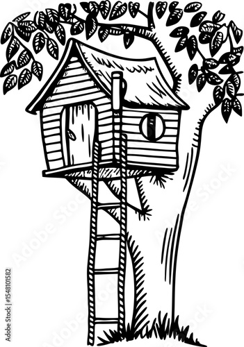 Hand drawn treehouse with ladder in leafy tree, childhood adventure, rustic wooden shelter, black and white sketch