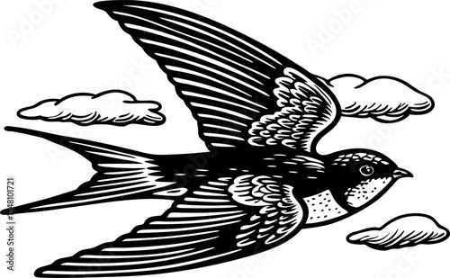 Vintage swallow bird in flight with spread wings and clouds classic black and white illustration, wildlife freedom concept