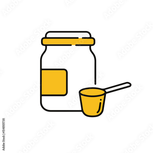 A jar of protein powder with a measuring scoop, a visual representation of health and fitness.