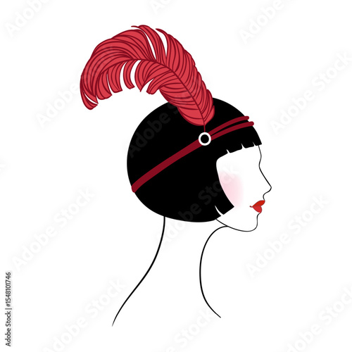 Vector illustration of a glamorous 1920s flapper girl in Art Deco style, with red feather and elegant silhouette. Perfect for vintage party invites, jazz events, themed weddings, or retro decor.