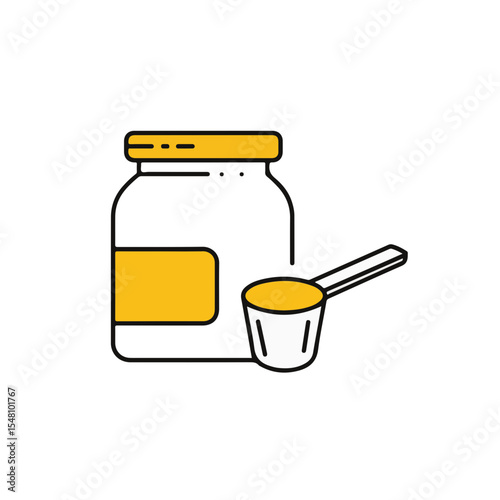 Protein supplement jar with measuring scoop, designed in a clean, line-art style. 
