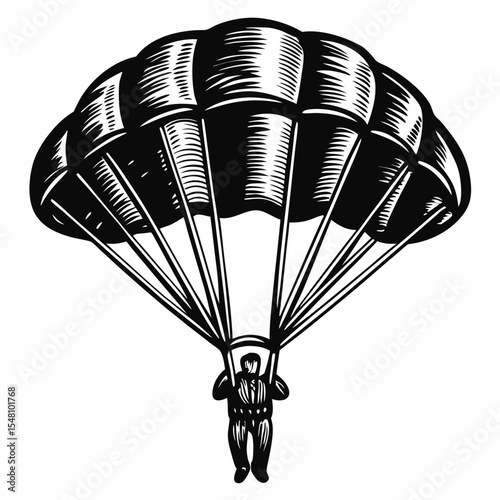 Parachutist descending with parachute in vintage black and white style  