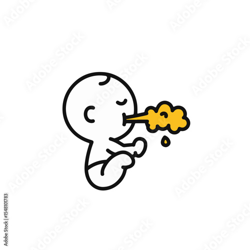 Line art illustration of a baby vomiting. 