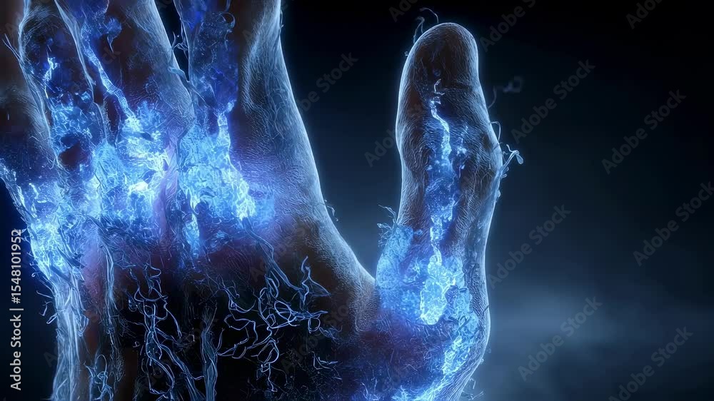 Medical visualization showing frostbite damage with glowing blue capillaries in a human hand, illustrating the effect of extreme cold on blood vessels