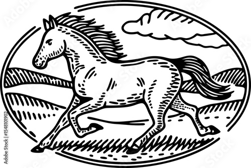 Galloping horse sketch in countryside landscape hand drawn vintage equine illustration with clouds and fields