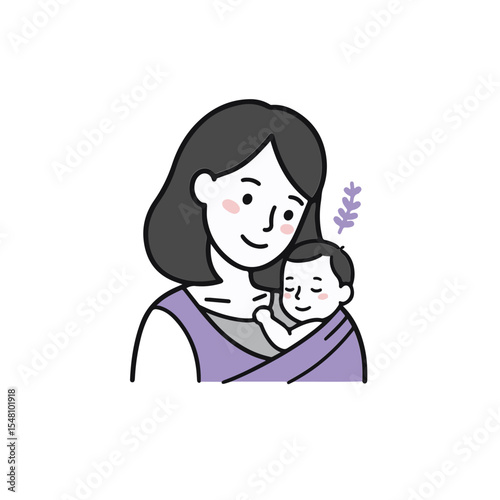A happy mother holds her baby in a sling, with a sprig of lavender nearby.