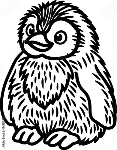 Cute baby penguin illustration black and white animal outline, adorable chick character with fluffy feathers