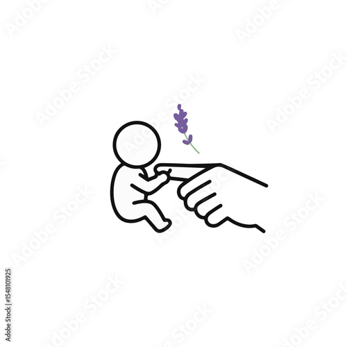 A tender moment, a nurturing hand guiding a baby towards a sprig of lavender.