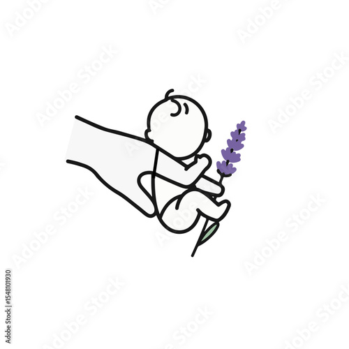 A hand gently holding a baby who is holding a lavender flower. The scene evokes a sense of tenderness and care.