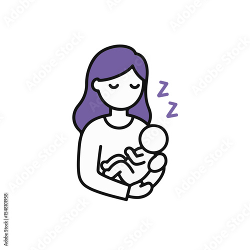 A mother cradling and lulling her peacefully sleeping baby.