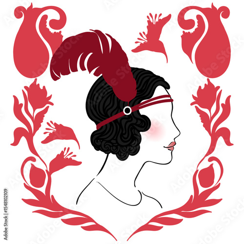 Vector illustration of a glamorous 1920s flapper girl in Art Deco style, with red feather and elegant silhouette. Perfect for vintage party invites, jazz events, themed weddings, or retro decor.