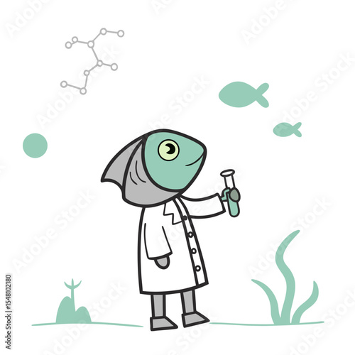 Cartoon fish scientist holding test tube with aquatic background  