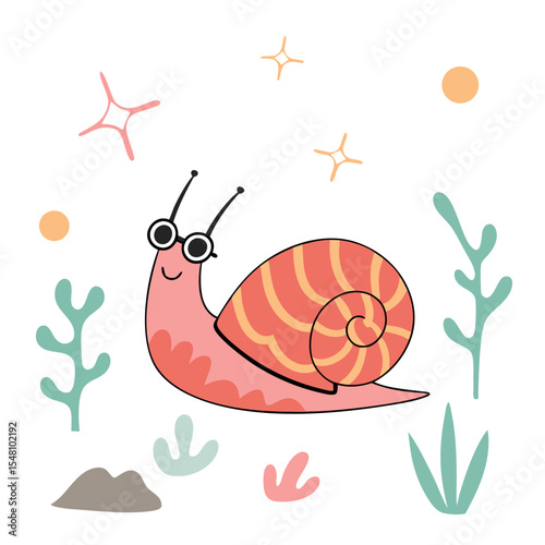 Cute cartoon snail with glasses surrounded by plants and stars  