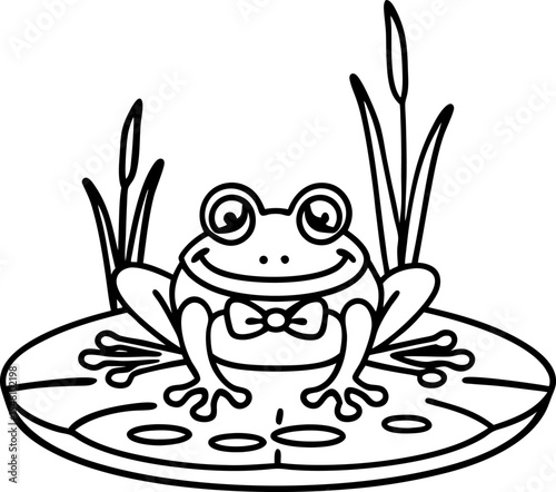 frog with bow tie sitting on lily pad cute amphibian line art for children's coloring activity