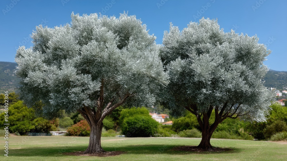 Fototapeta premium Old olive tree with two trunks rises above smaller trees under a clear blue sky on the beautiful island of Lesbos.