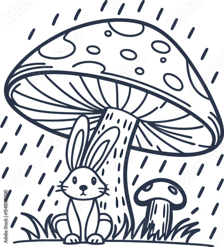 Cute rabbit under large mushroom shelter in rain woodland animal, nature scene, forest illustration