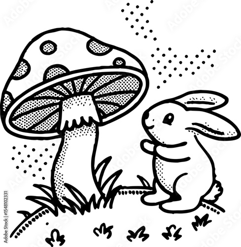 Adorable rabbit with spotted mushroom on grassy hill cute woodland animal illustration, natural forest wildlife scene