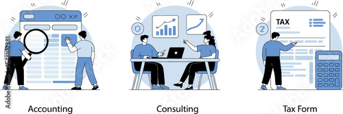 Illustrations depicting accounting consulting and tax form preparation work