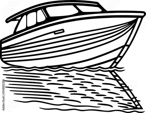 Modern motorboat cruising on calm water, side view sleek hull design, smooth surface reflection illustration