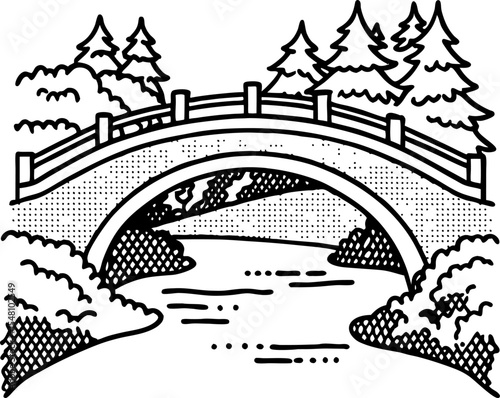 Arched wooden bridge over river with pine trees and bushes nature landscape scenery, black and white drawing