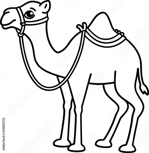 Camel illustration, simple black outline bactrian desert animal for coloring, educational wildlife design