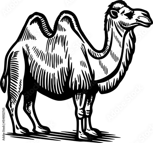 Bactrian camel outlined in black and white hand drawn animal illustration, desert wildlife, two humps, detailed fur lines