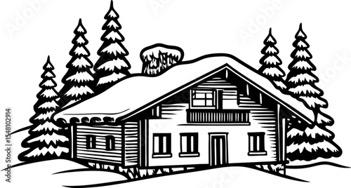 Mountain cabin covered in snow surrounded by evergreen trees winter lodge landscape illustration, cozy rustic retreat