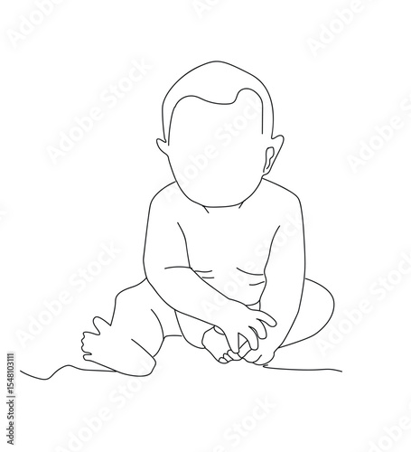line art baby sitting.  little baby boy or girl sitting on floor at home. vektor