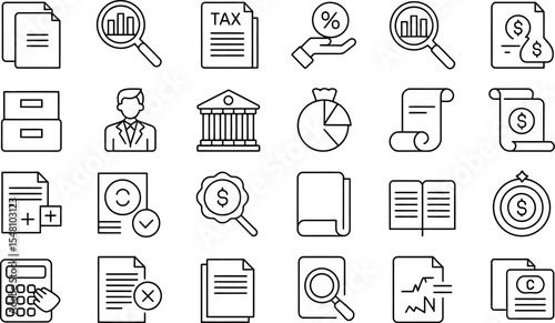 Collection of finance and business icons in black outline on white background