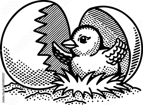 Hatching chick emerging from cracked egg baby bird, spring symbol, new life and beginning concept illustration