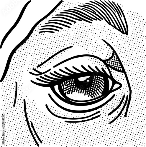 Detailed black and white illustration of a human eye with textured skin vintage etching, expressive gaze, close up view