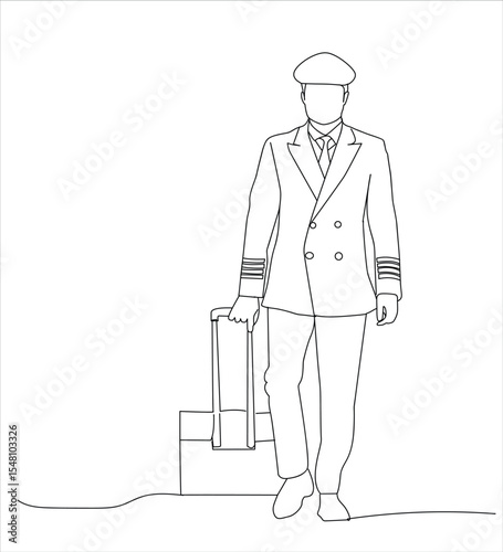 one-line drawing. airplane pilot carrying suitcase