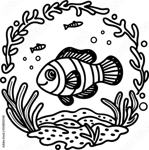 Clownfish undersea illustration ocean life drawing with coral, seaweed, playful fish among bubbles and sand