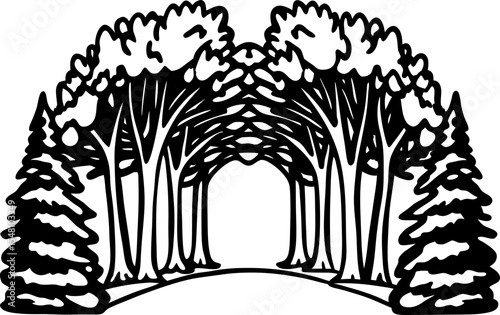 Symmetrical forest pathway with arching tree canopy leafy woodland entrance, natural outdoor landscape illustration