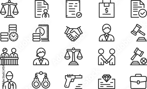 A collection of black and white legal and business icons on a white background