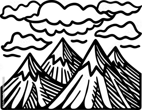 Majestic mountain peaks under cloudy sky hand drawn illustration with clouds, high altitude landscape scene