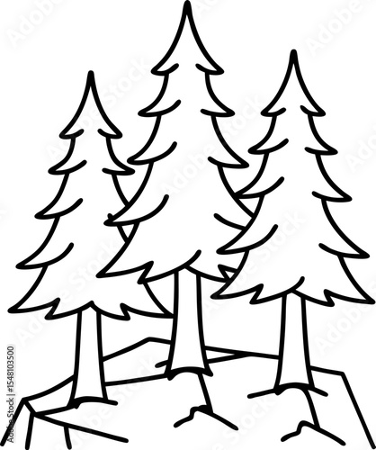 Three evergreen pine trees on a rocky hilltop simple outline illustration for nature, forest, environment, outdoors