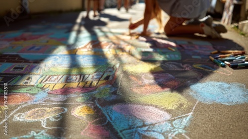 Children drawing on sidewalk with chalk in front of colorful houses in afternoon sun. summer day in neighbourhood