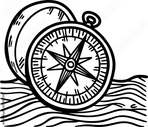 Vintage compass lying on map, hand drawn nautical navigation tool illustration maritime exploration and travel concept
