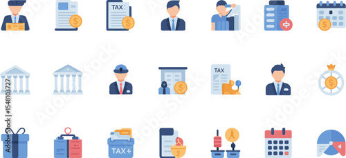 Flat vector icon set depicting various aspects of taxation and finance topics