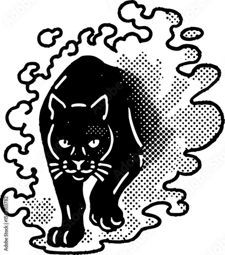 Black panther prowling forward with smoke and shadow effect bold wild cat illustration, strength and mystery