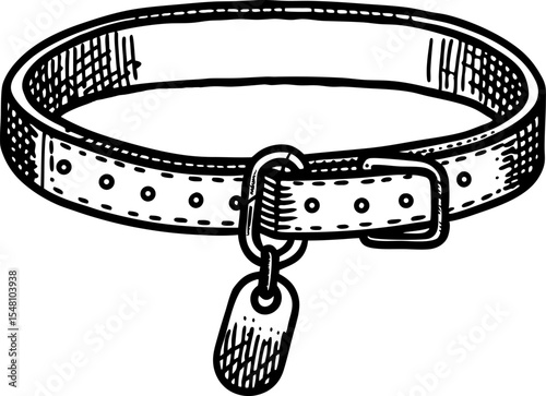 Dog collar with tag pet accessory, adjustable leather belt, engraved identification charm, animal care safety