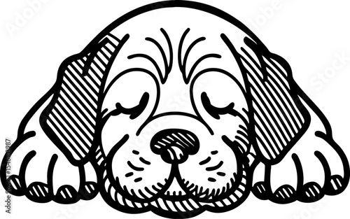 Cute sleeping puppy face illustration adorable dog resting, peaceful pet animal drawing, black and white line art
